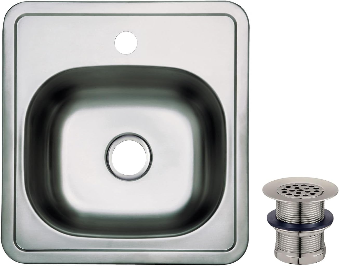 Gourmetier Studio KGKTS151518 15" Stainless Steel Self-Rimming Single Bowl Drop-In Bar Prep Sink with 1-Hole Drain and Strainer, Stainless Steel/Brushed Nickel