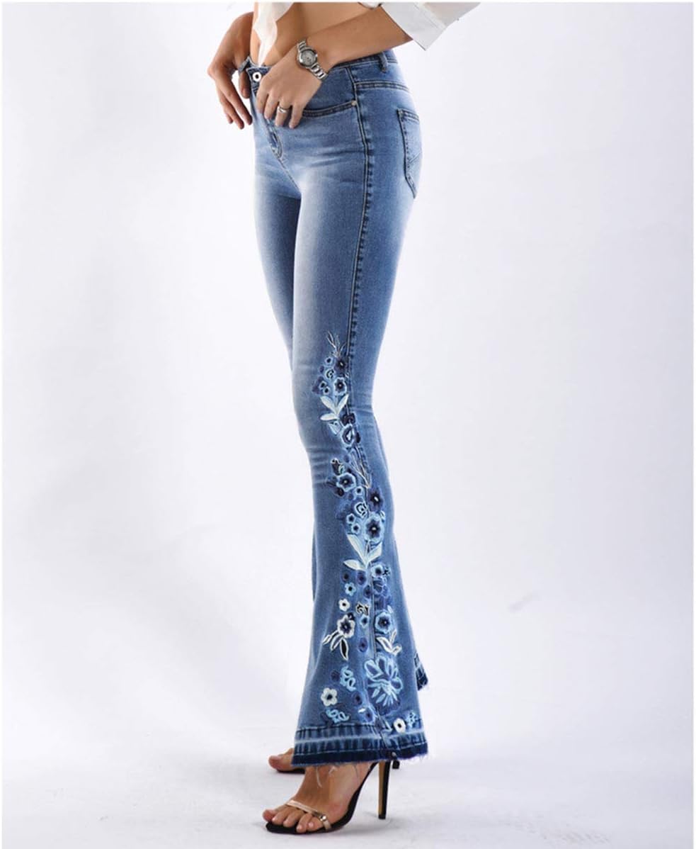 Lisskolo Bell Bottom Jeans for Women Flared Floral Embroidered Jean Wide Leg Denim Pants - Image 5