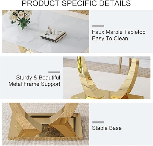 Miniatura 6 de Juego de mesa de comedor de mármol sintético blanco de 71 pulgadas para 6, juego de mesa de comedor y sillas de comedor, mesa de comedor moderna con