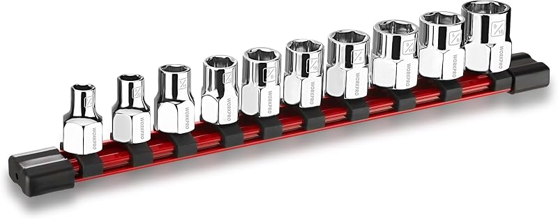 WORKPRO 3/8" Drive Socket Set, 10-Piece SAE Cr-V Socket Set with Organizer | Standard & Shallow Sockets, External Hex Socket, 1/4" to 11/16", 6-Point, Size Markings, PVC Socket Rail, for Auto Repairs