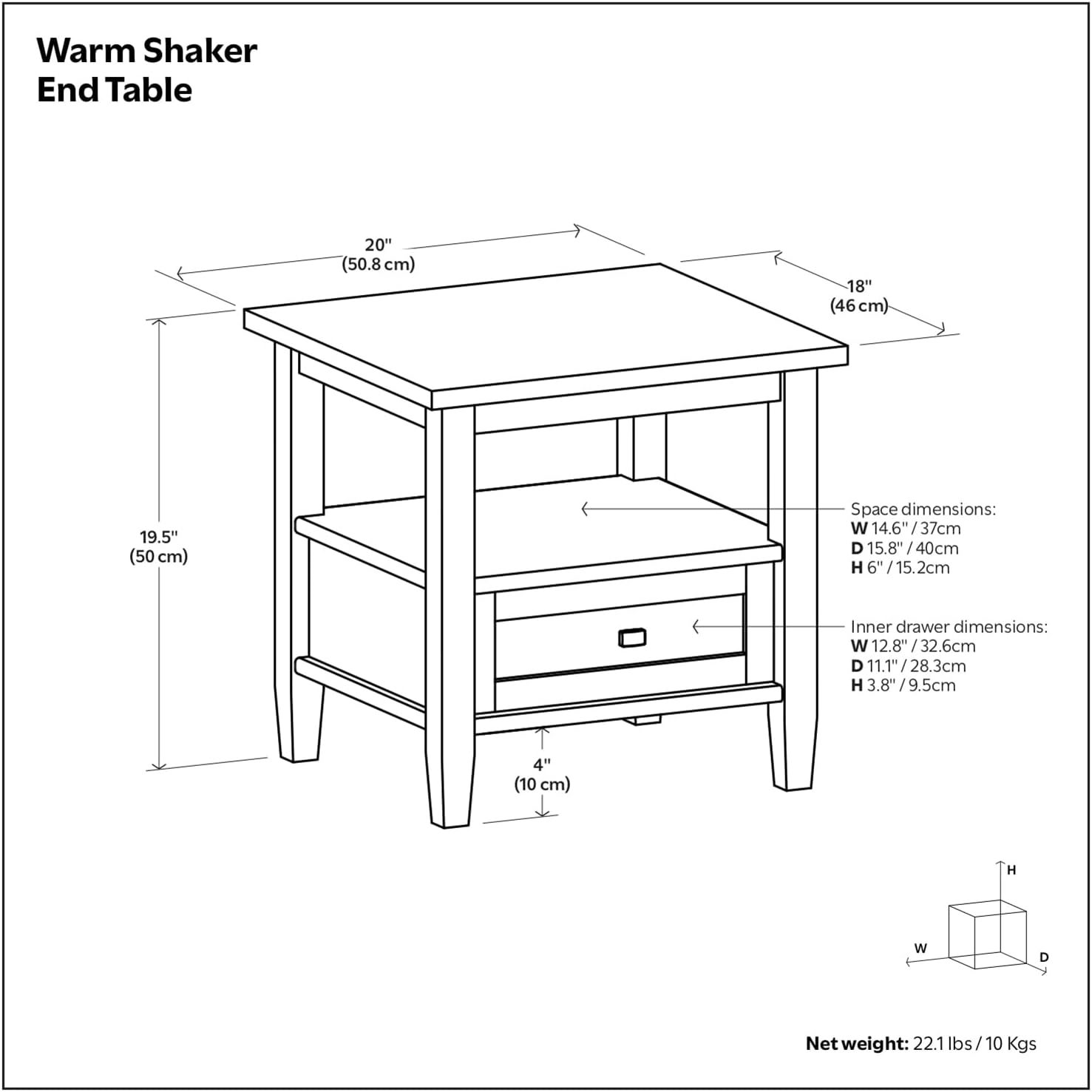 SIMPLIHOME Warm Shaker End Table - 20 inch Wide Solid Wood Side Table in Warm Honey Brown, Transitional Accent Table for Living Room with Drawer, Open Shelf and Square Tapered Legs