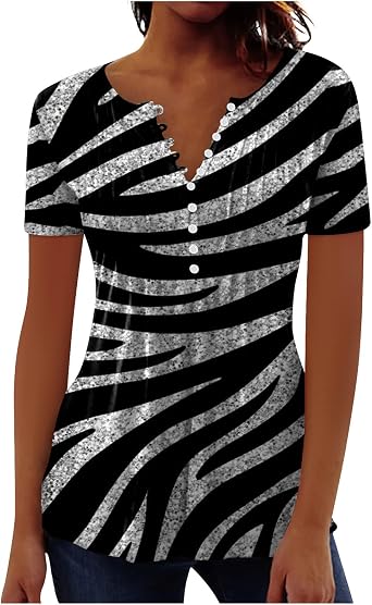 Summer Tops for Women 2026 Boho Printed Short Sleeve Blouses Button V Neck Loose Fit Shirts Casual Trendy Tunic Top
