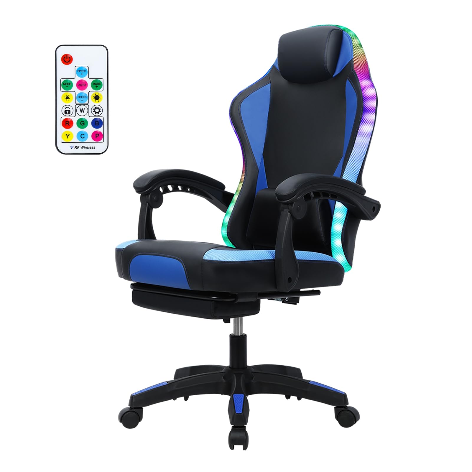 kiskick Silla de juegos con luces LED, silla de PC con reposapiés y soporte lumbar de masaje, silla ergonómica de masaje para computadora, respaldo alto, silla de video musical, silla de masaje para