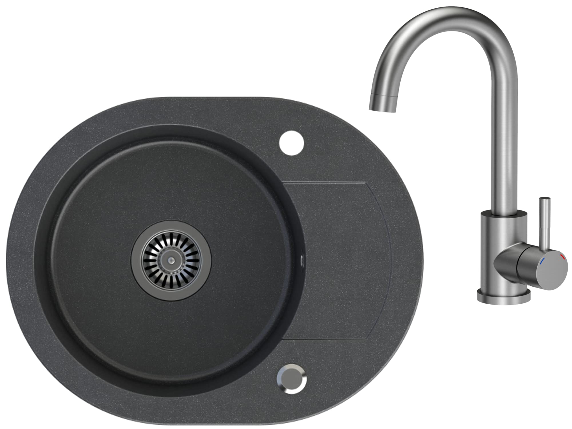 Fregadero fregadero Granito 59 x 46 cm Individual Platillos fregadero cocina fregadero salpicado Reversible + drexex Center + Sifón Lavabo + 360 ° giratorio U forma de grifo cocina grifo grifo de