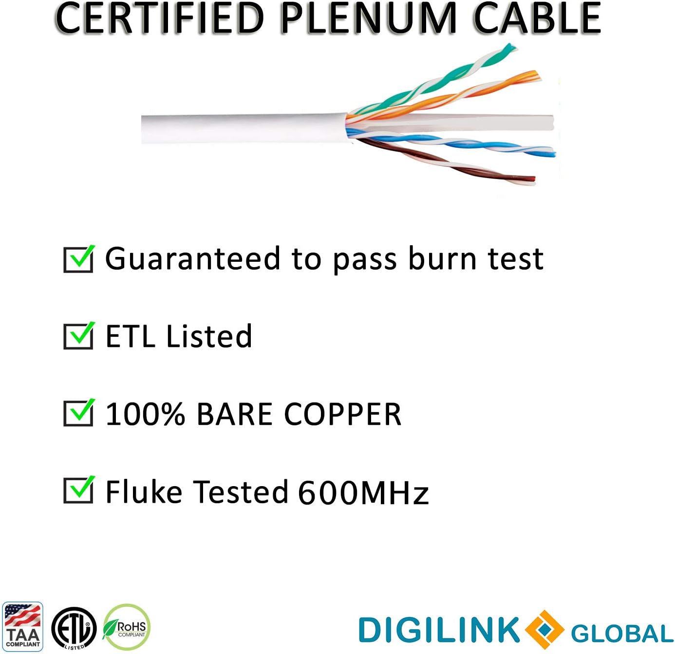Cat6e Plenum (CMP), 1000ft, UTP 23AWG, Solid Bare Copper, 600MHz, ETL Certified, Bulk Ethernet Cable in White by Digilink Global
