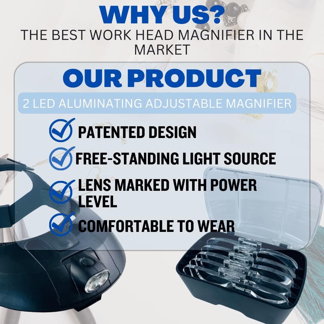 2 LED Illuminated Headband Magnifier - Black || 5 Lens Power Options || Adjustable Fit || Great for Jewelry Making, Watch & Electronic Repair, Sewing & Embroidery