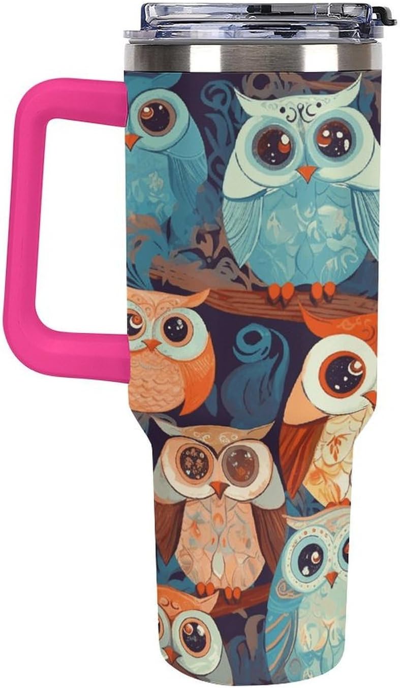 Anime Owl Tumbler Stainless Steel Large Car Cup with Handle&Straw Lid Portable Coffee Cup Leak-proof Water Bottle Insulated Vacuum Travel Mug for Home Outdoor 40oz