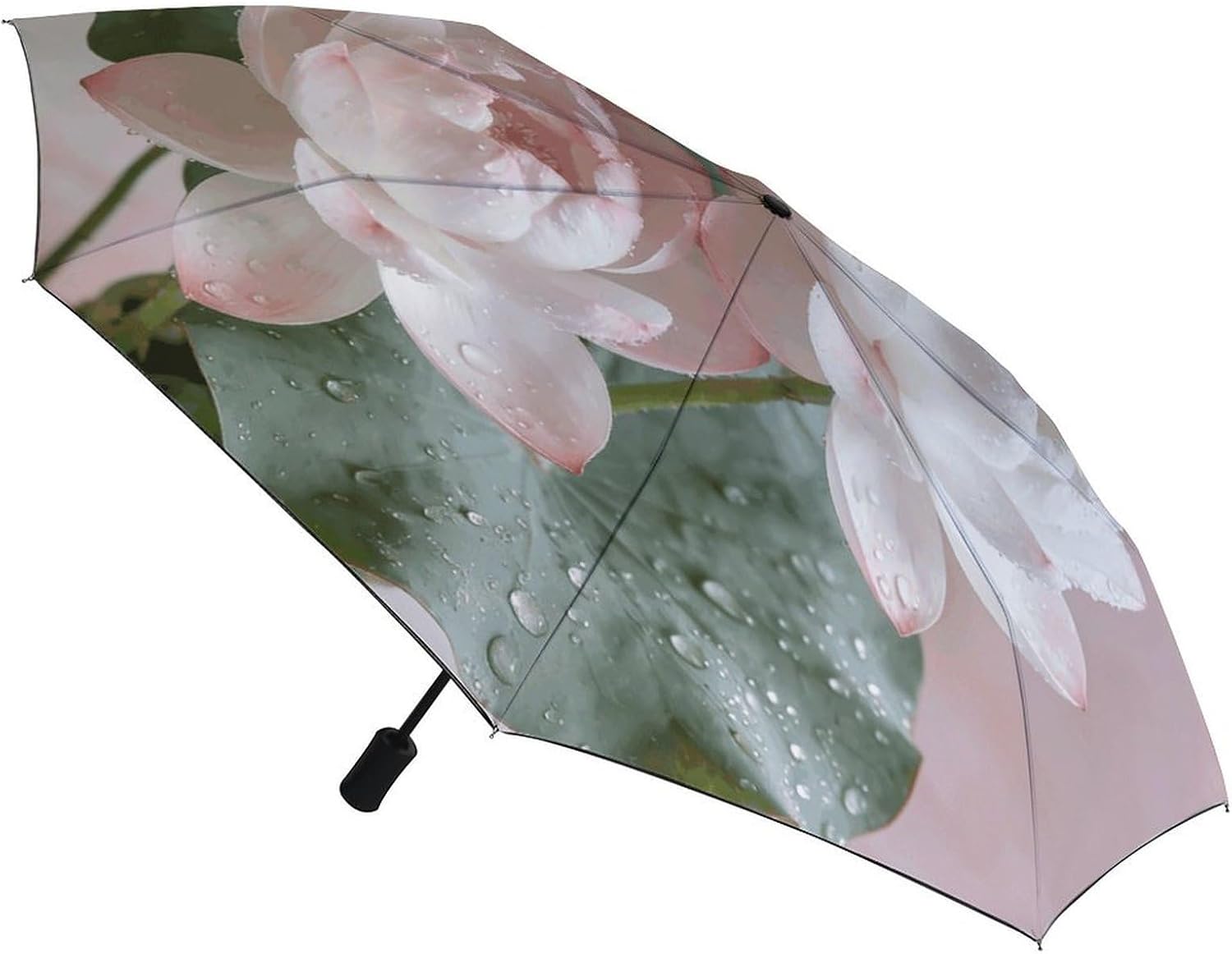 Lotus Floral Umbrella,Automatic Open 3 Folding Umbrella Strong And Portable Durable Premium Grip Travel Umbrella for Men And Women Fits Car And Backpack