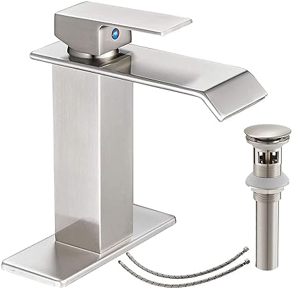 Homevacious Bathroom Faucet Brushed Nickel Single Hole One Handle Waterfall Sink Vanity Bath Lavatory Satin Brass Commercial Basin With Pop Up Drain With Overflow Mixer Tap Supply Line Long Spout