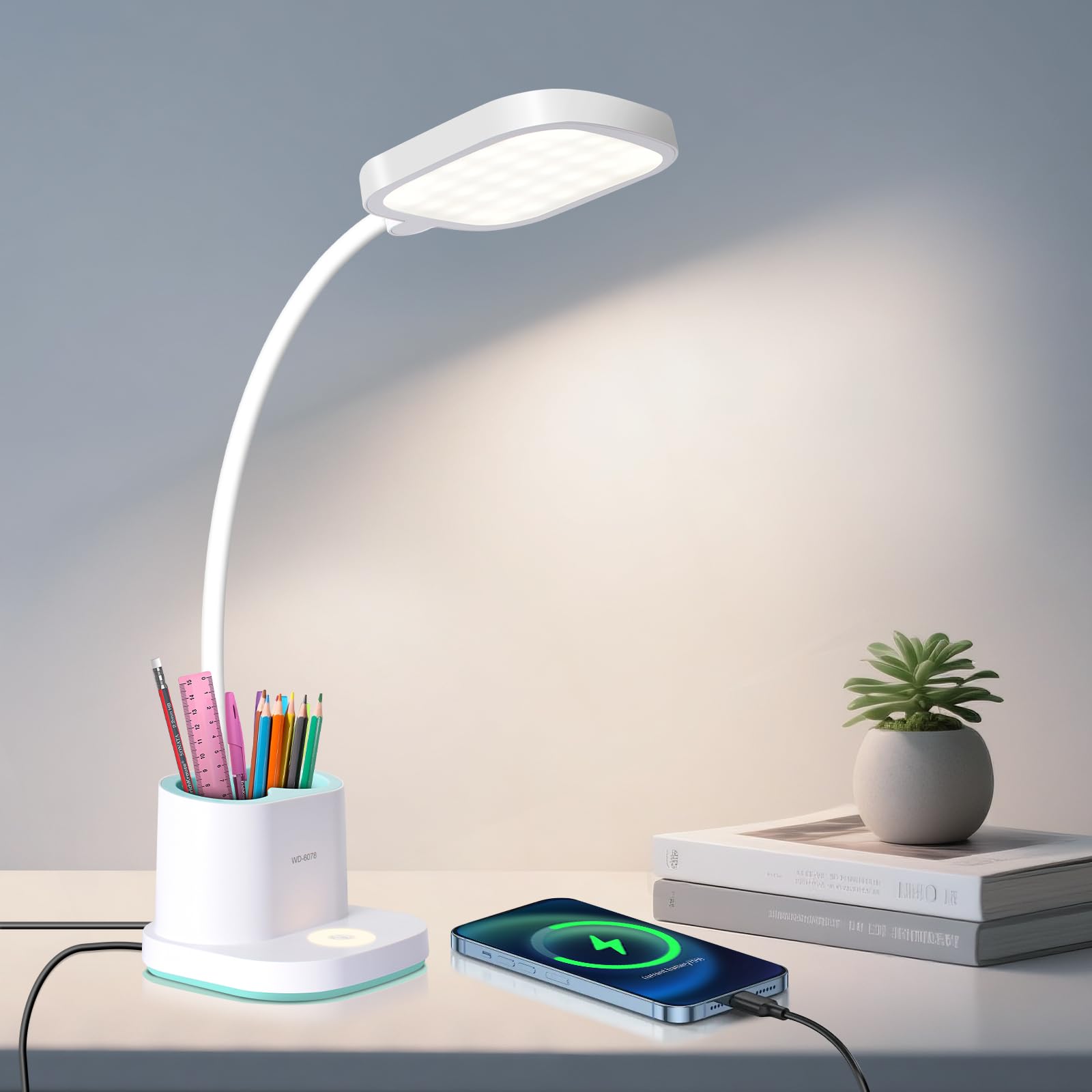 Lampada da Scrivania Ricaricabile 2400mAh, 3 Livelli Luminosità | Collo Flessibile 360°, Portapenne e Luce Notturna, Lampada da Tavolo Senza Fili per Camera da Letto, Studio, Bambini, Bianca