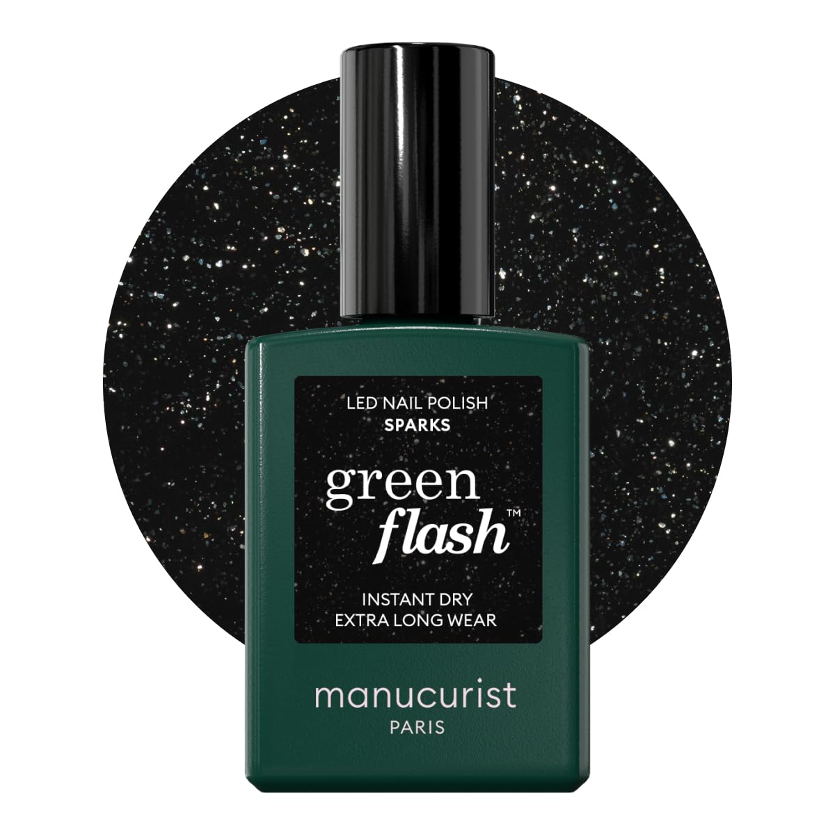 Manucurist Vernis Semi Permanent Noir Pailleté Green Flash Sparks - Vernis Gel Ongle UV Semi Permanent & LED - 12-​Free, Bio Sourcé (84%) - Manucure Professionnelle - 15 ml