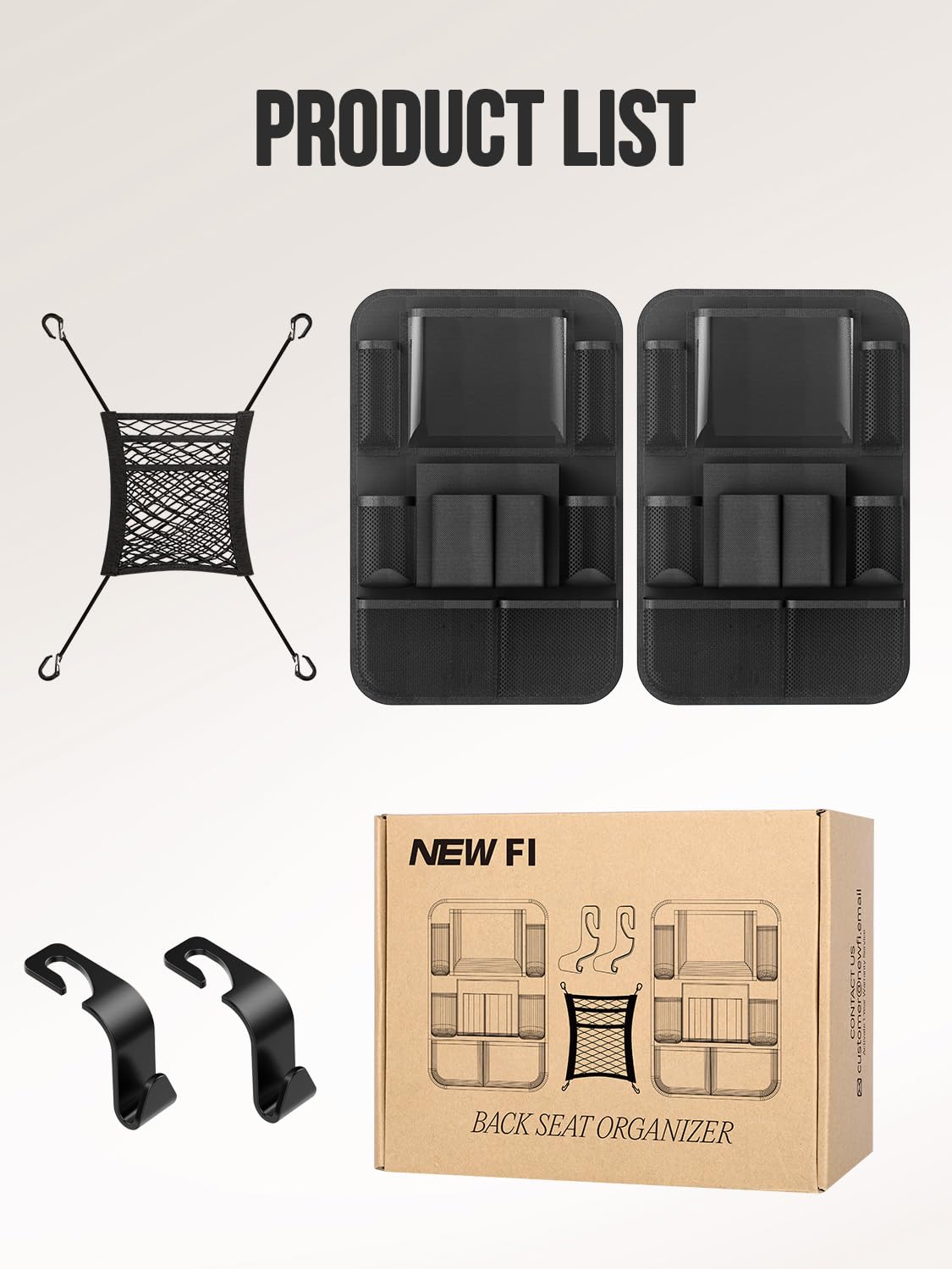 New Fi Backseat Car Organizer(20 Storage Pockets),Come with Free 1 Seat Net and 2 Headrest Hook, Touch Screen Tablet Holder, Divider for Driving Safely Children & Pets…, Car Organizer (black)