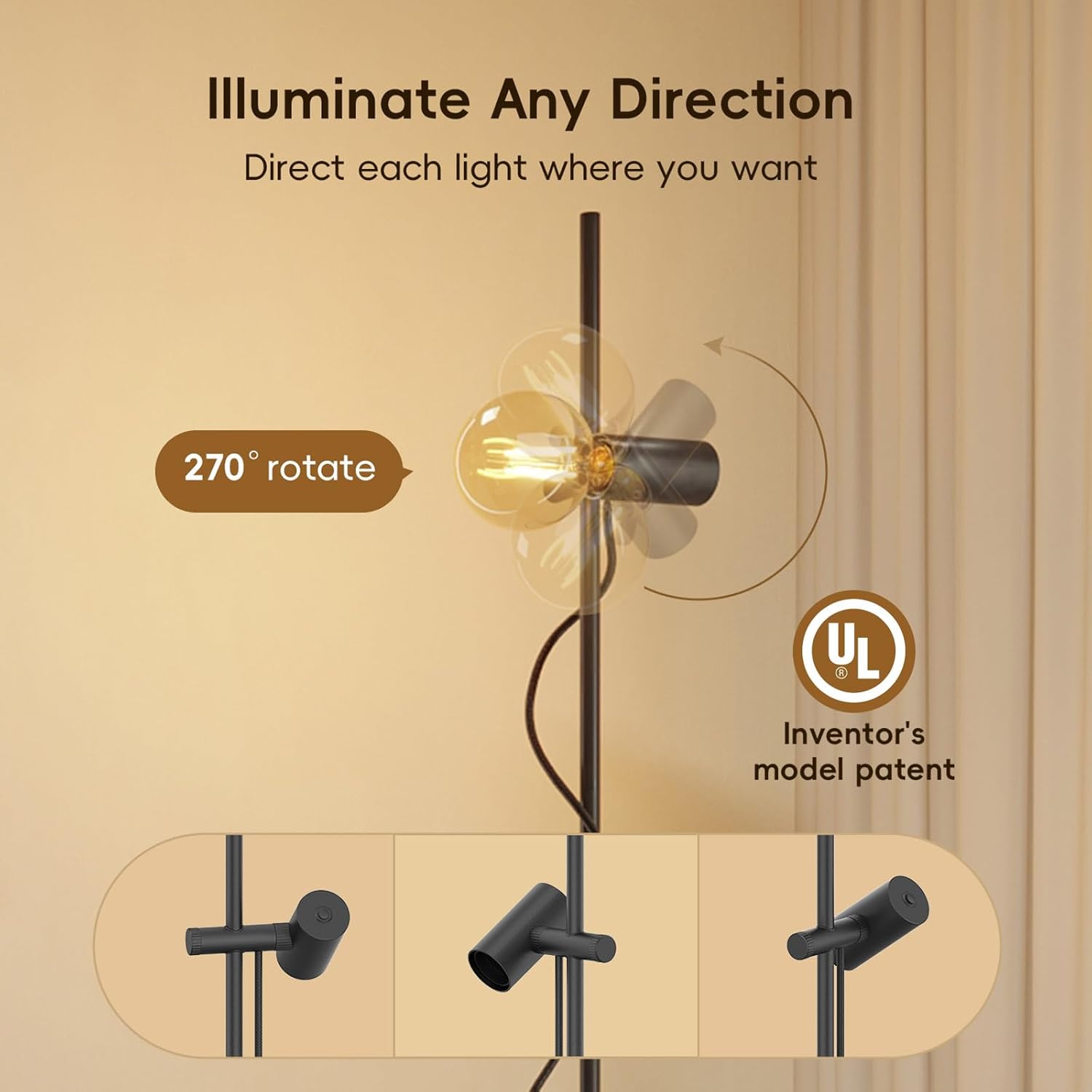 Floor Lamp for Living Room,Adjustable Height&Dimmable&Rotatable lamp head Standing Floor Lamp,2200K Warm Ambiant Lighting with Gradient Black Globe Bulb for Living Room,Bedroom (Bulb Included)