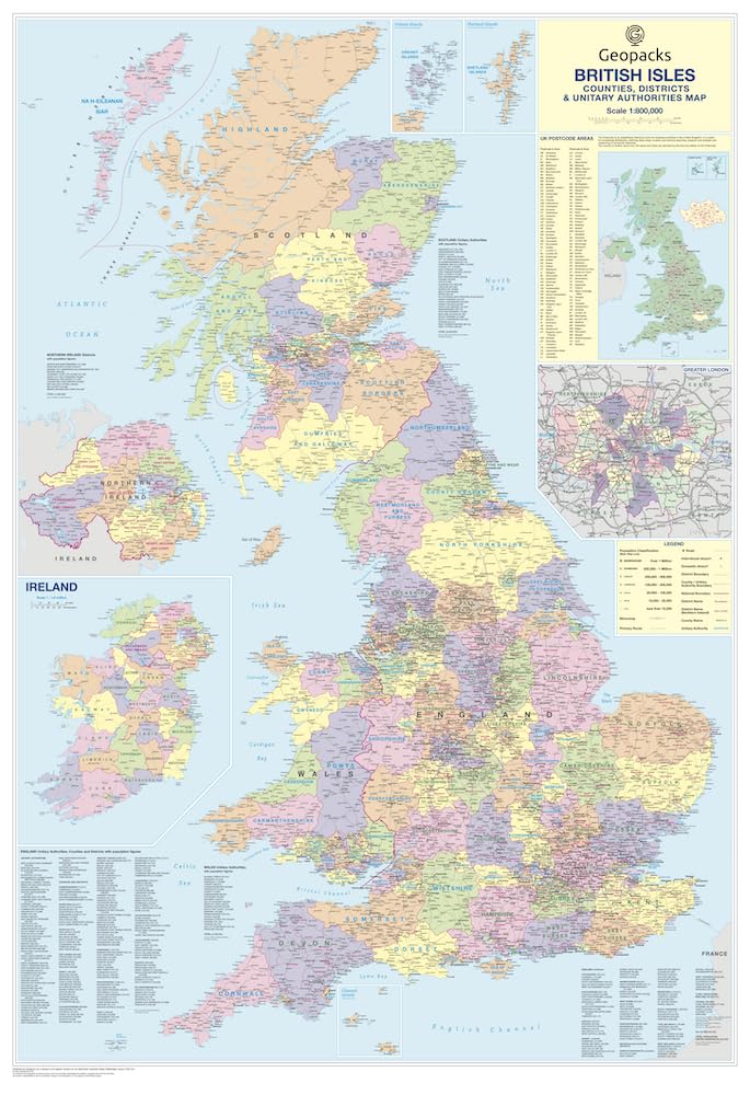 UK Wall Map –Laminated Large Map - Counties, District and Unitary Authority Boundaries | Local District Councils, Roadmap, Postcode Areas, London Boroughs, Population Figures