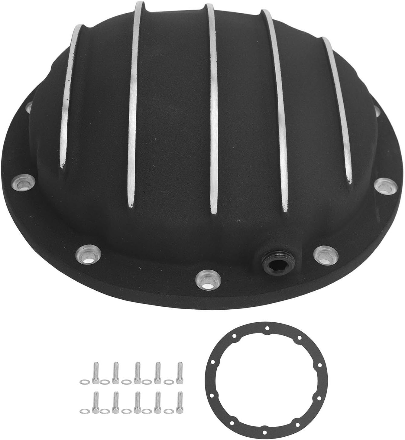 FLEXMAN Differential Cover, Aluminum 10 Screw Rear Differential Cover, HRC85BK Cast Aluminum Black Differential Cover, 1/2in NPT Car Differential Cover (Black)