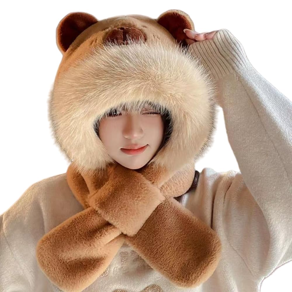 FEIFEI'S BOW Kids Cartoon 3 in 1 Hat Scarf Gloves Set Winter Warm Fleece Stch Faux Fur Hoodie Full Hood Thick Thermal Scarves Gifts for Boys and Girls Kids (Capybara)