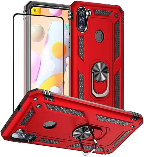 Funda para teléfono Galaxy A11, Samsung A11 con protector de pantalla, fundas protectoras de grado militar con anillo para Samsung Galaxy A11 (rojo)