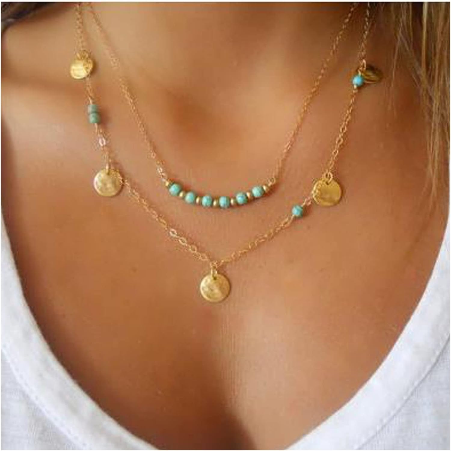 Boho Turquoise Bead Choker Necklace Disc Pendant Necklace Layering Gem Choker Necklace Gold Hammered Coin Necklace Jewelry for Women - Image 6