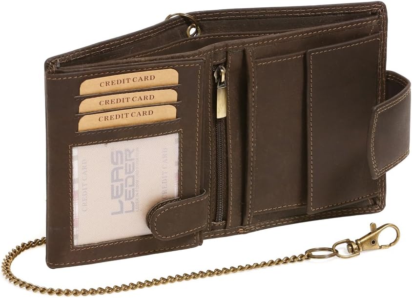 LEAS MCL Mens & Ladies Wallet with Chain and Outside Lock Biker Wallet Motorcyclist Wallet (Including LEAS-Giftbox), Genuine Leather, Brown
