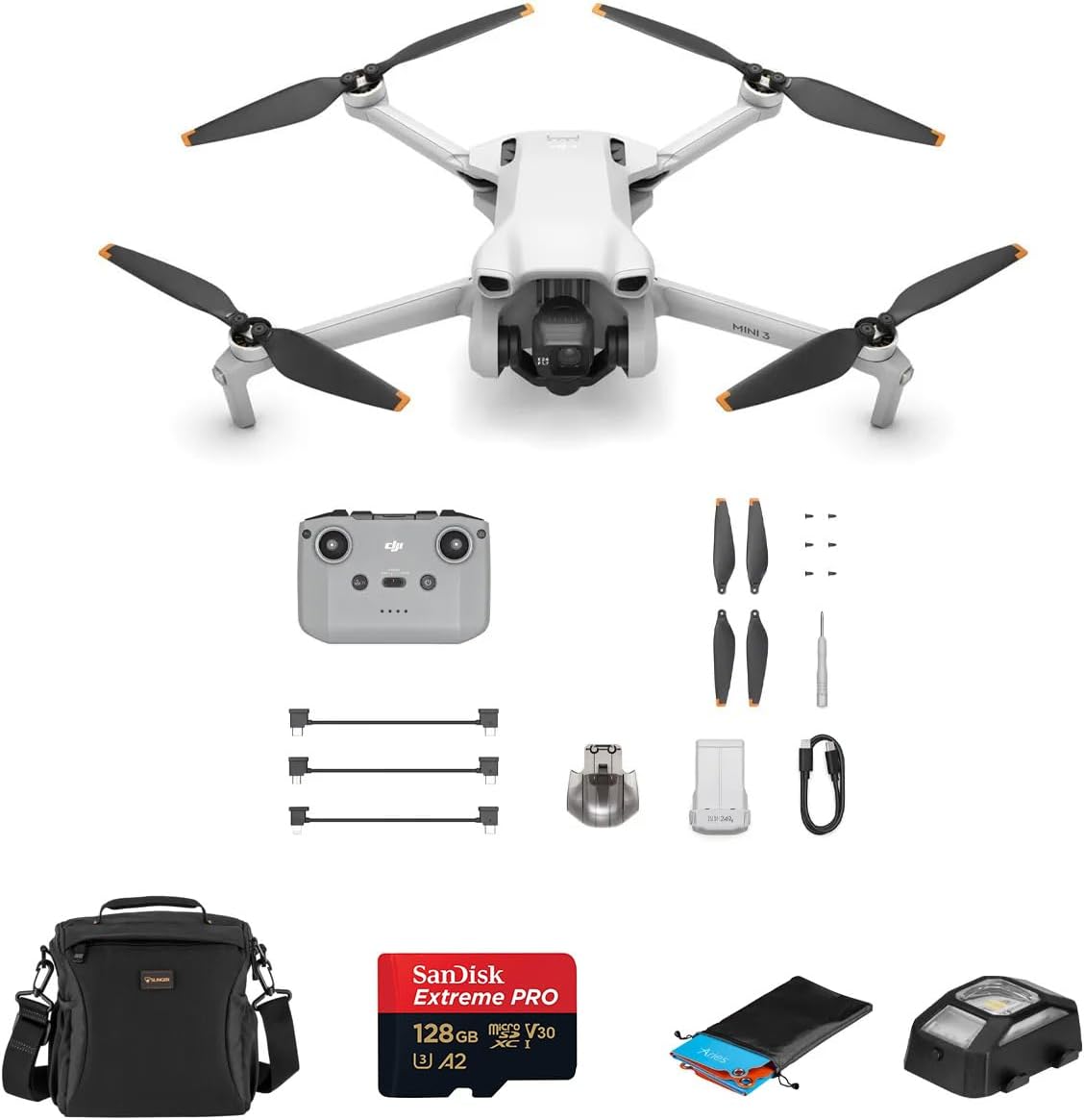 DJI Mini 3 Drone with RC-N1 Remote Controller Bundle with 128GB microSD Card, Shoulder Bag, Anti-Collision Light, Landing Pad