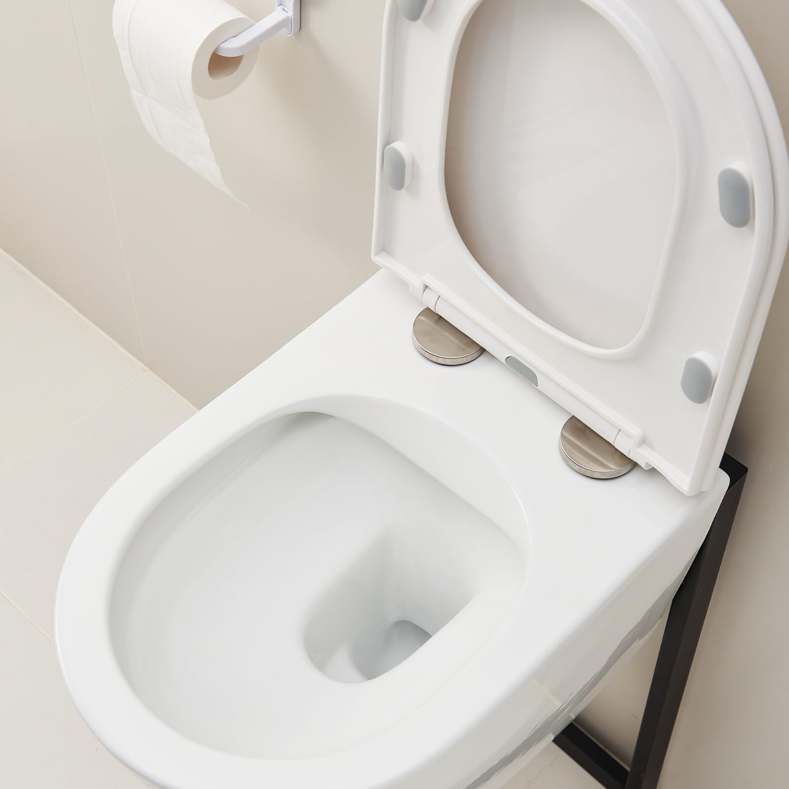 Inodoro sin bordes con tapa de inodoro, inodoro colgante de cerámica, moderno juego de inodoro, tapa de inodoro en forma de D (blanco)