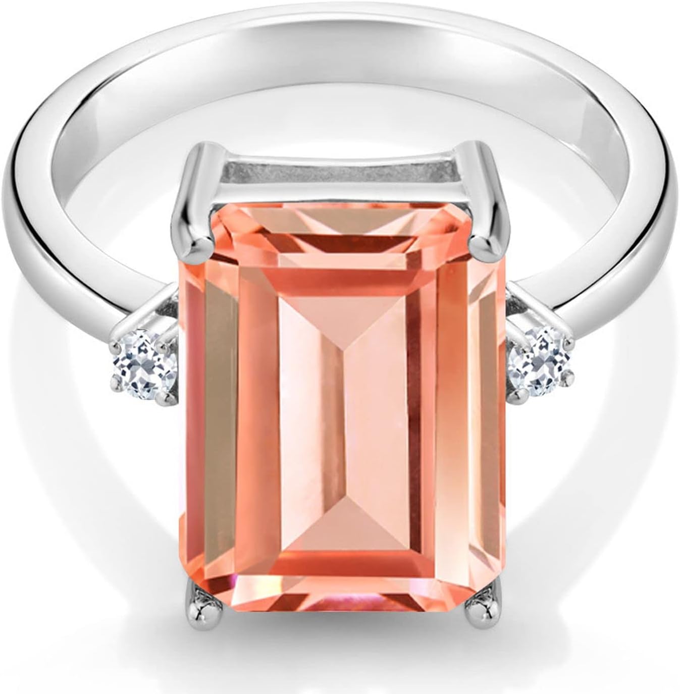 Gem Stone King 6.38 Cttw Peach Nano Morganite and White Topaz Ring For Women | 925 Sterling Silver | Emerald Cut 14x10MM | Gemstone October Birthstone