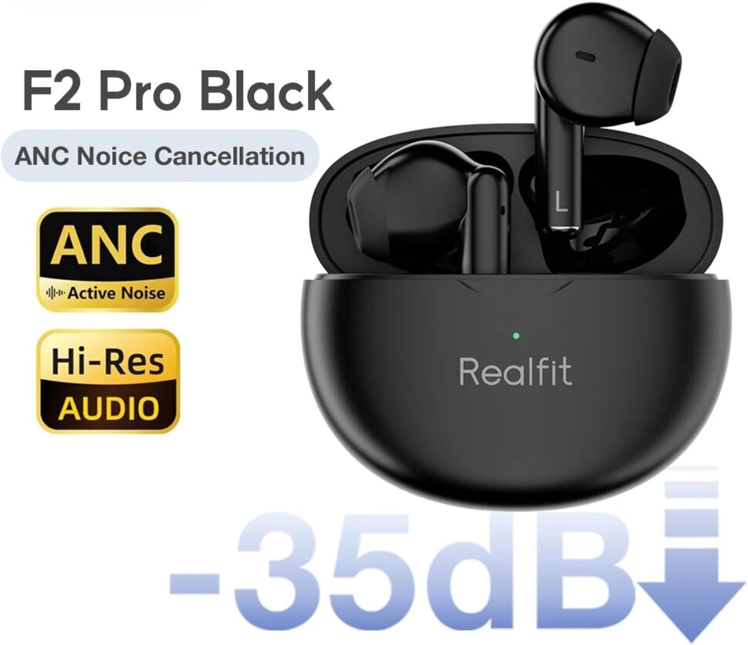 realfit F2-Pro with ANC and Hi-Res Audio logos, indicating -35dB noise cancellation