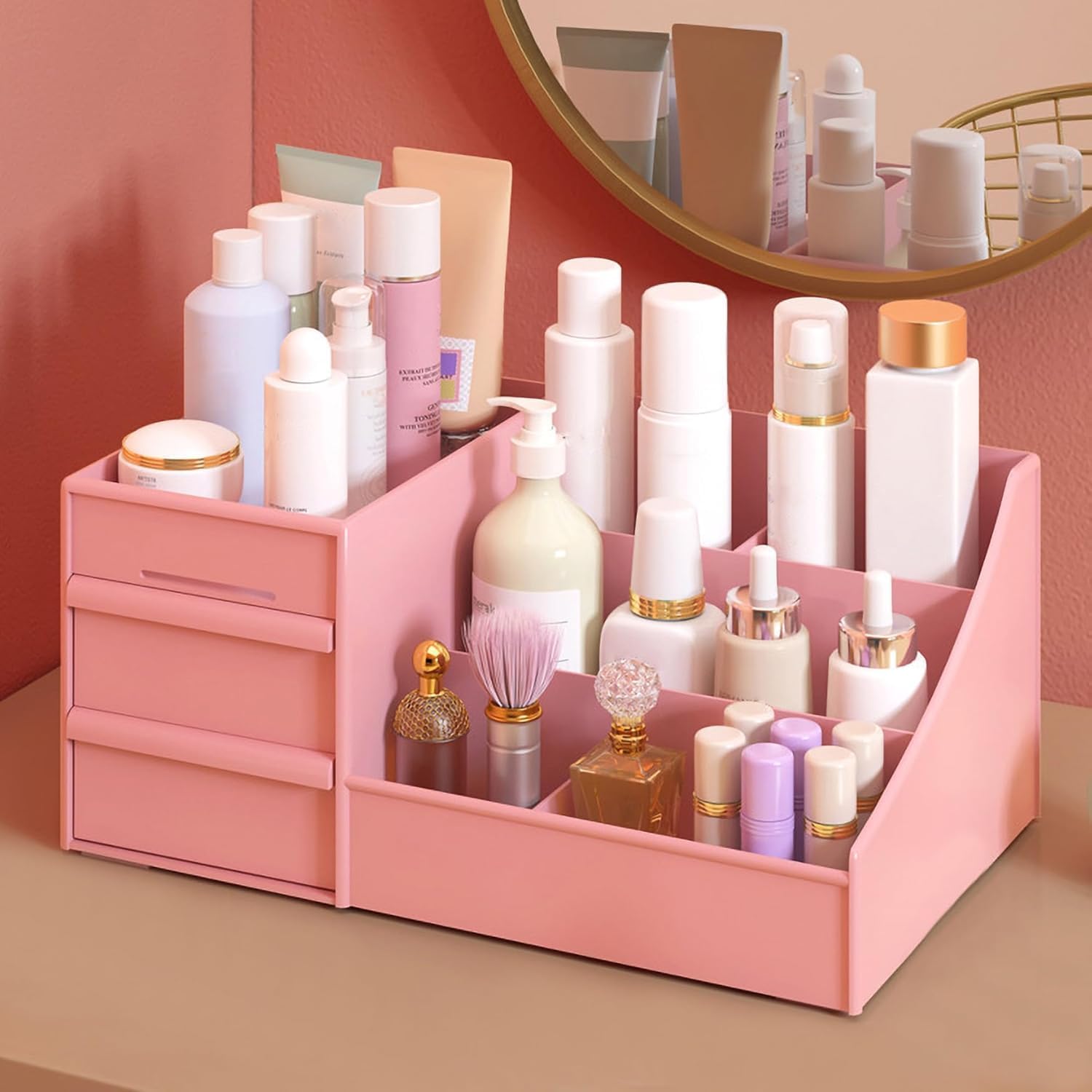 QCen Cosmetic Organizer Box Makeup Organizer with Drawers Vanity Storage Box, Versatile Plastic Makeup Organizer, Perfect for Home and Office Use For Countertop Cosmetics Display Holder (Pink)-image-20