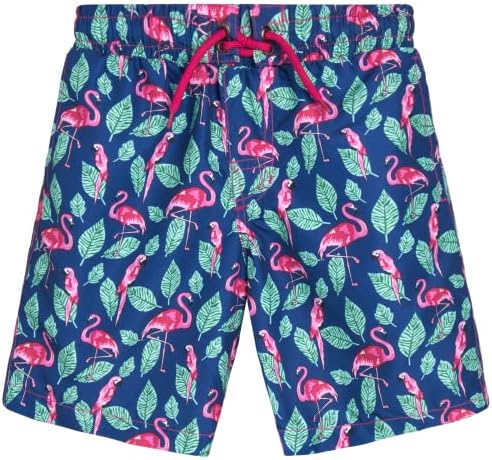 Beach Bros. Boys' Swim Trunks - UPF 30+ Quick Dry Board Shorts Bathing Suit (Size: 5-20), Size 12, Navy Flamingo