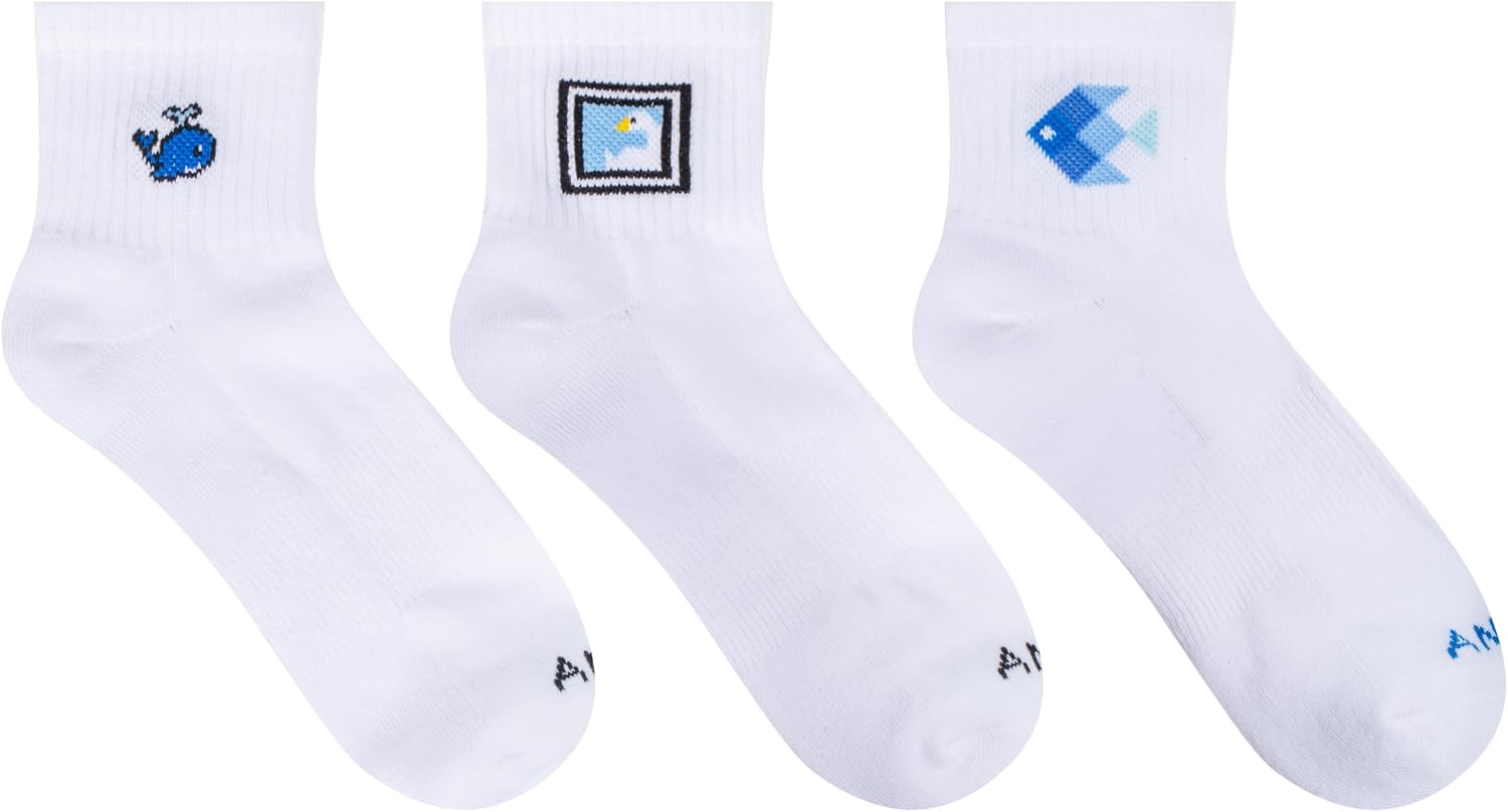 Cute Pattern Crew Socks, White Cotton Blend, 3 Pairs, Antrop