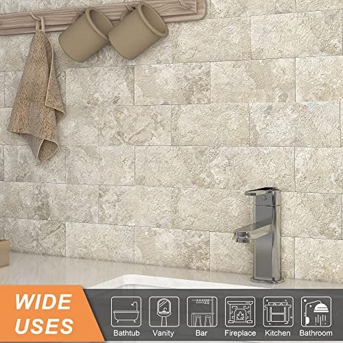 VAOVI Tile Stickers Kitchen Self Adhesive Wall Tiles,Large Stick on Bathroom Tiles 3D Peel and Stick Subway Marble Waterproof(Rustic Beige,20Tiles)