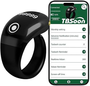 Lightweight Tasbih Smart Ring, Tasbeeh Counters,Prayer Direction Indicator Guide,5 Azan Alarm Clock,Forgiveness,Electronic Rosary,Eid al-Fitr Eid al-Adha Ramadan Gift for men women-Black Pro with APP