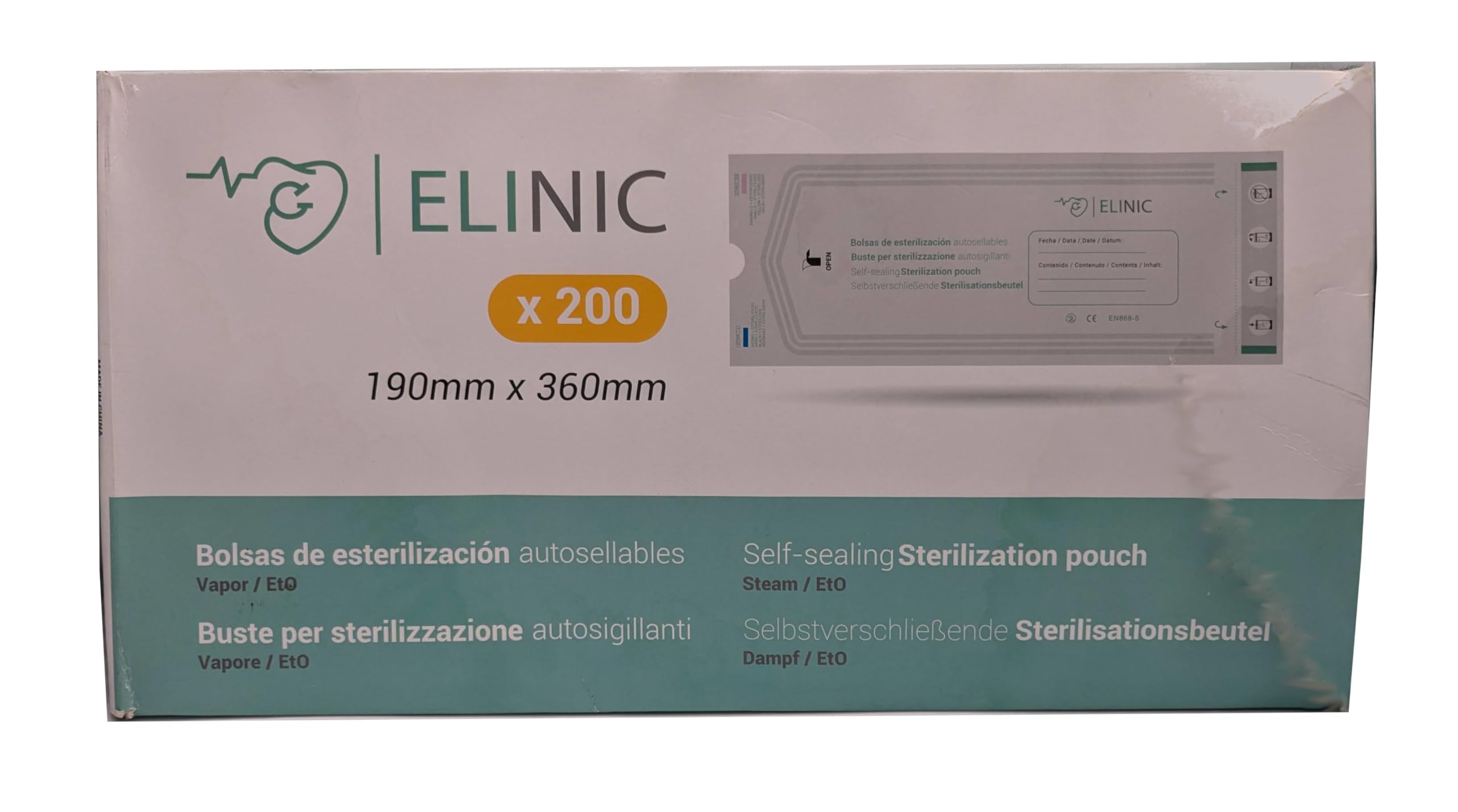 Lot de 200 sacs auto-adhésifs pour stérilisation à la vapeur et EtO (190 x 360 mm)