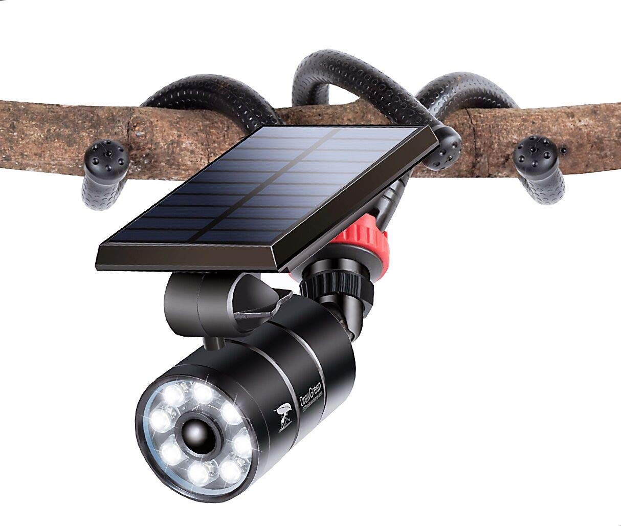 DrawGreen Outdoor Solar Motion Sensor Camping Lights Aluminum 9W 1400-Lumen (130W Equi.) LED Security Flood Solar Spotlights for Patio Path Porch Garden Camp, 100-Week Protection for 100% Free(Black)