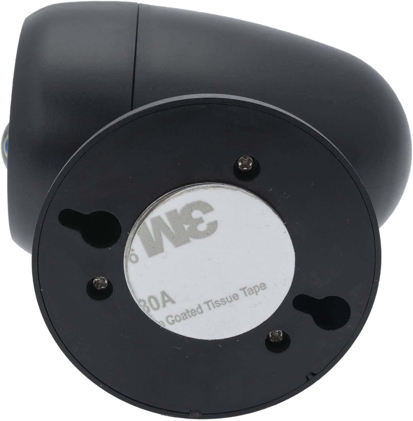 Bottom view of the spotlight showing mounting holes and adhesive pad
