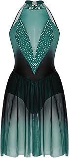 Vestido de Patinaje sobre Hielo para Mujer Maillot con Falda Malla de Gimnasia sin Mangas con Color Degradado y Pedrería Vestido de Baile Lírico S-XXL