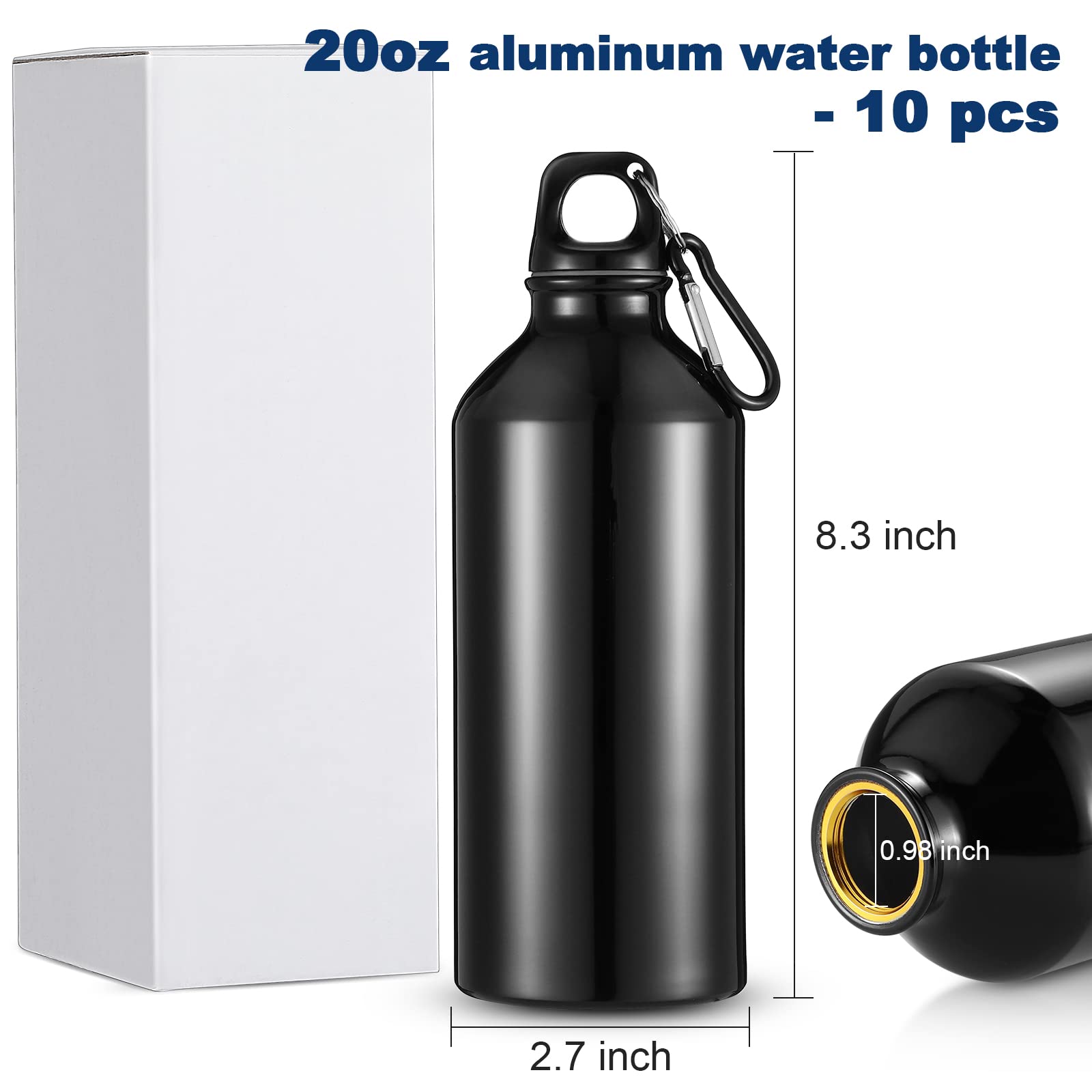 10 bottiglie in alluminio da 567 ml, in alluminio, leggero, riutilizzabili, a prova di perdite, in alluminio, con tappo a torsione e fibbia per campeggio (nero)