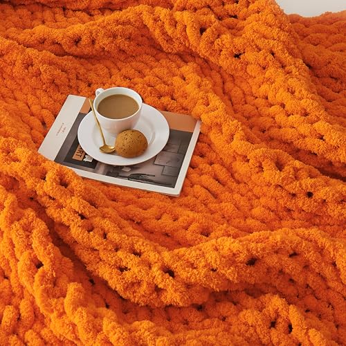Image of L'AGRATY Chunky Knit Throw Blanket for Couch 72'' x 84'' Knit Throw, Orange