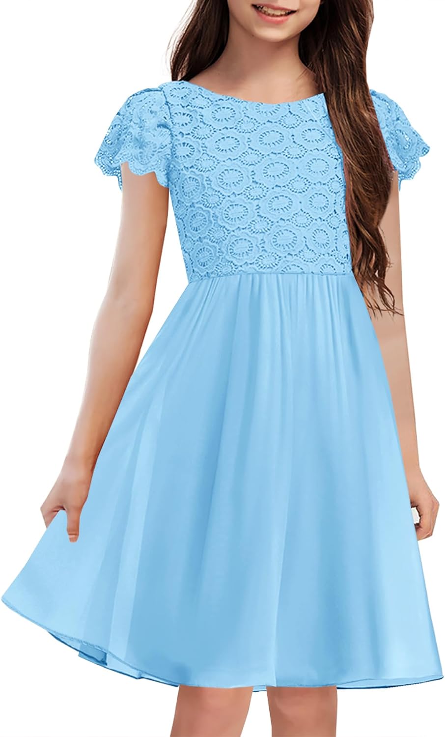 HOSIKA Summer Flower Girls Vintage Lace Chiffon A-Line Semi Formal Wedding Birthday Dress for 6-12 Years Kids