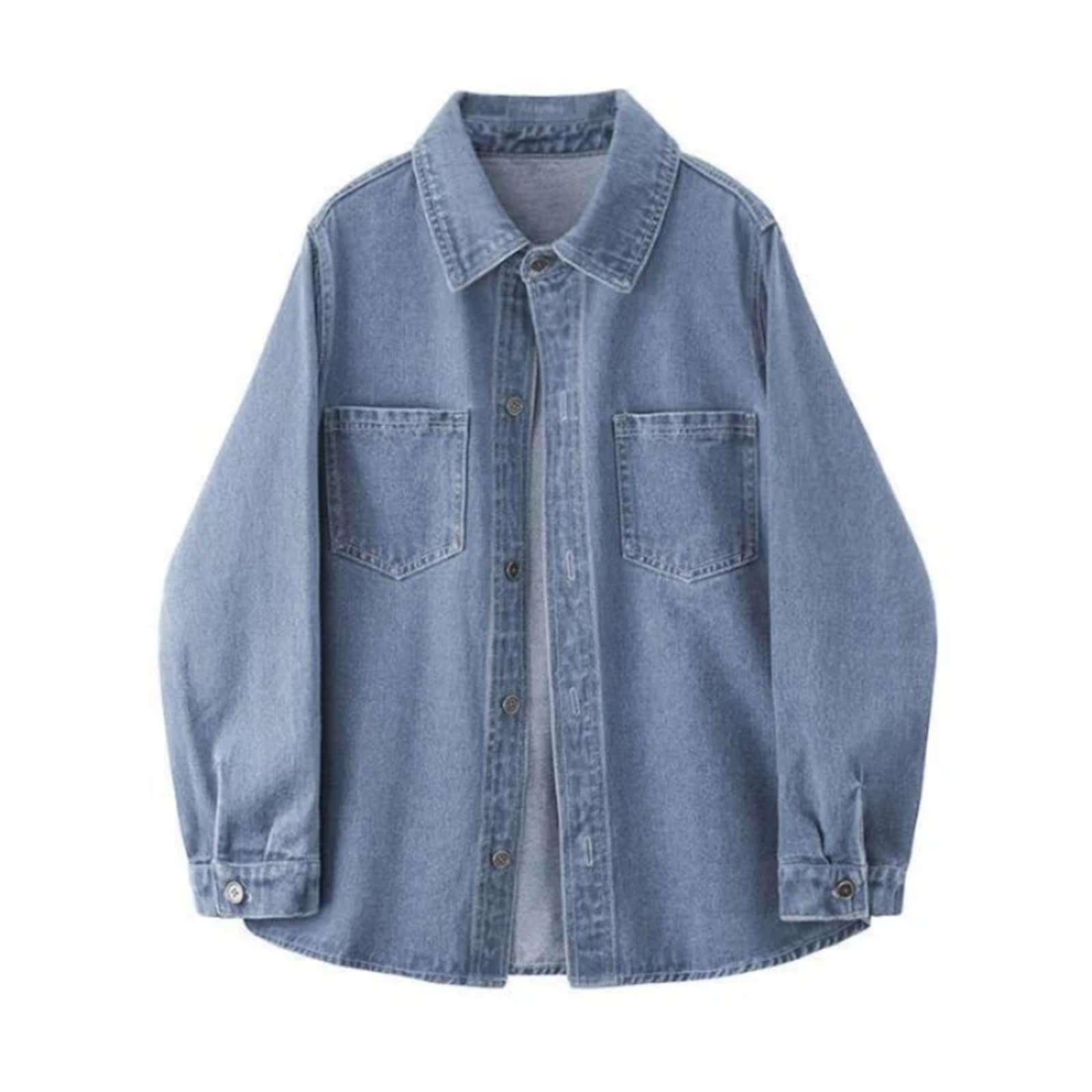 Yeuyyben Camicetta da donna in denim, stile vintage, con colletto rovesciato, a maniche lunghe, alla moda, casual