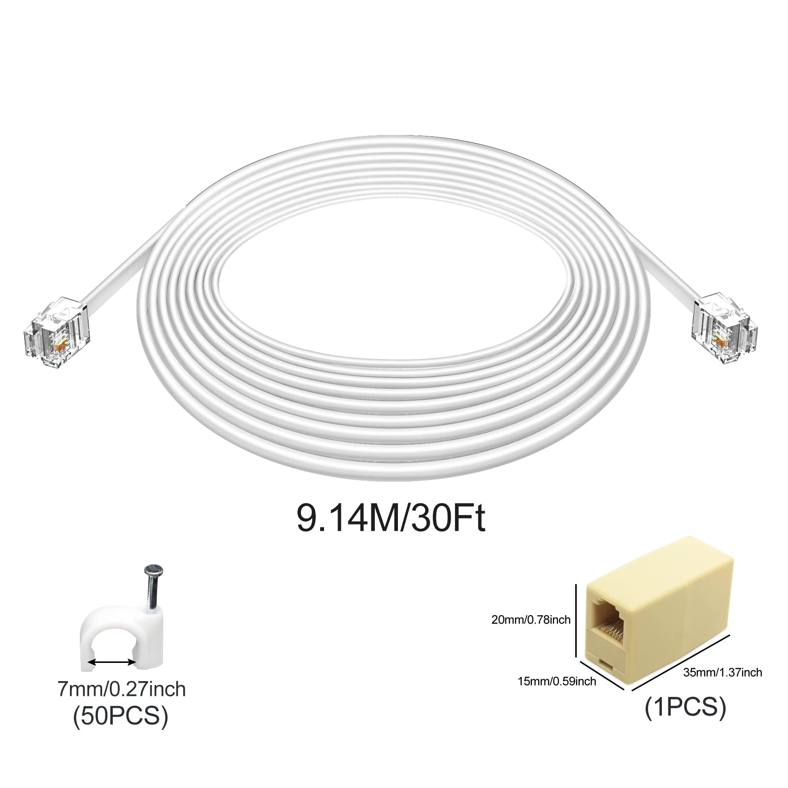 Telefon-Verlängerungskabel, Stecker auf Stecker, flach, mit Standard-RJ11-6P4C-Stecker und 1-Zoll-Kupplung, 50 Stück Kabelklemmenhalterungen, 2 Stück
