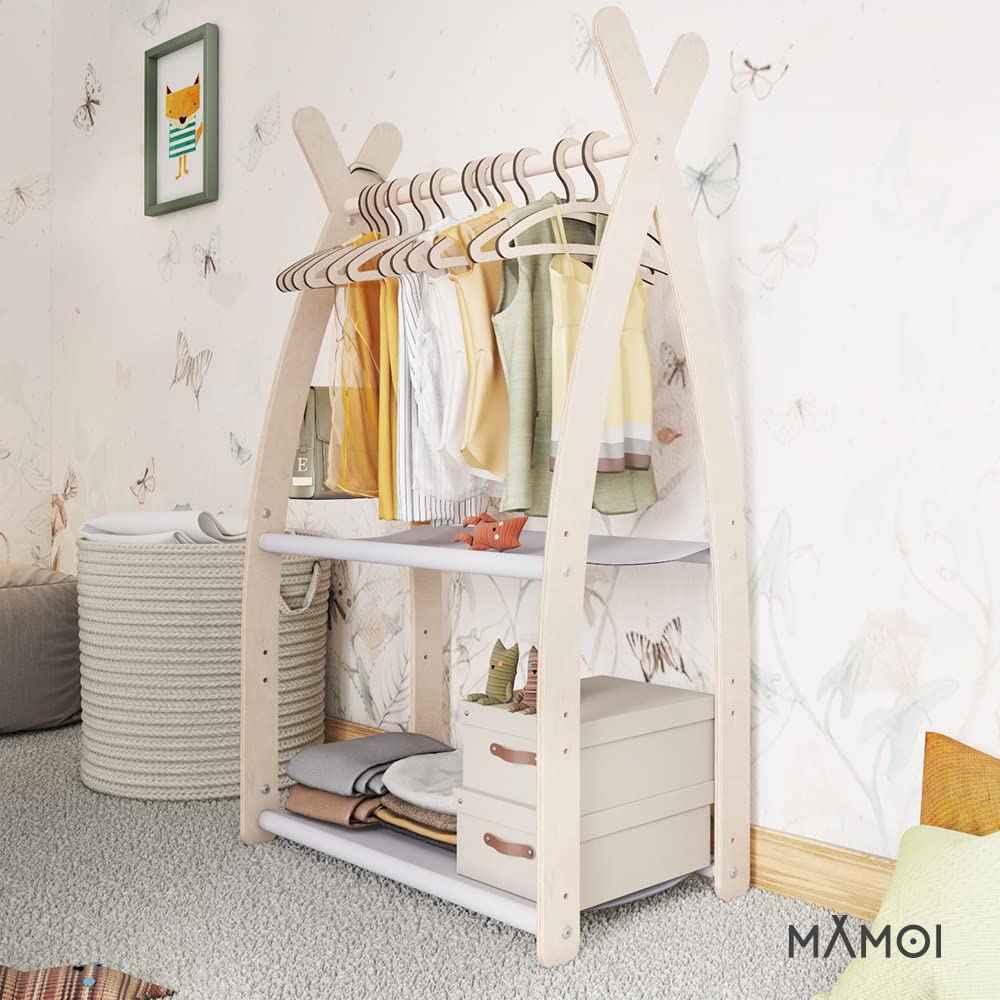MAMOI® Perchero de Pie Infantil | Colgador Ropa Niños | Burro Madera para Habitación Bebés | 95x106x32cm / 53x95x32cm | 100% Eco | Hecho en la UE