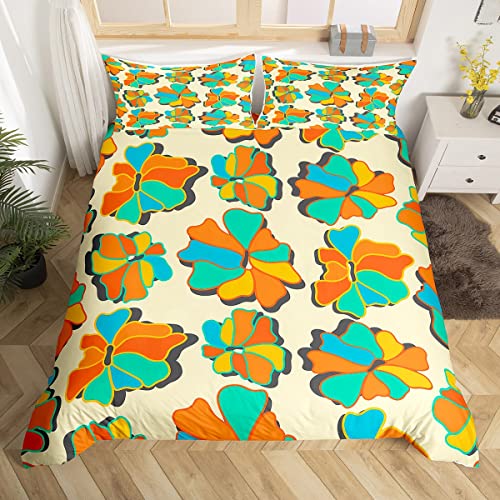 Homewish Groovy - Set di biancheria da letto con copripiumino e 2 federe, motivo floreale arcobaleno anni '70, stile hippie anni '60
