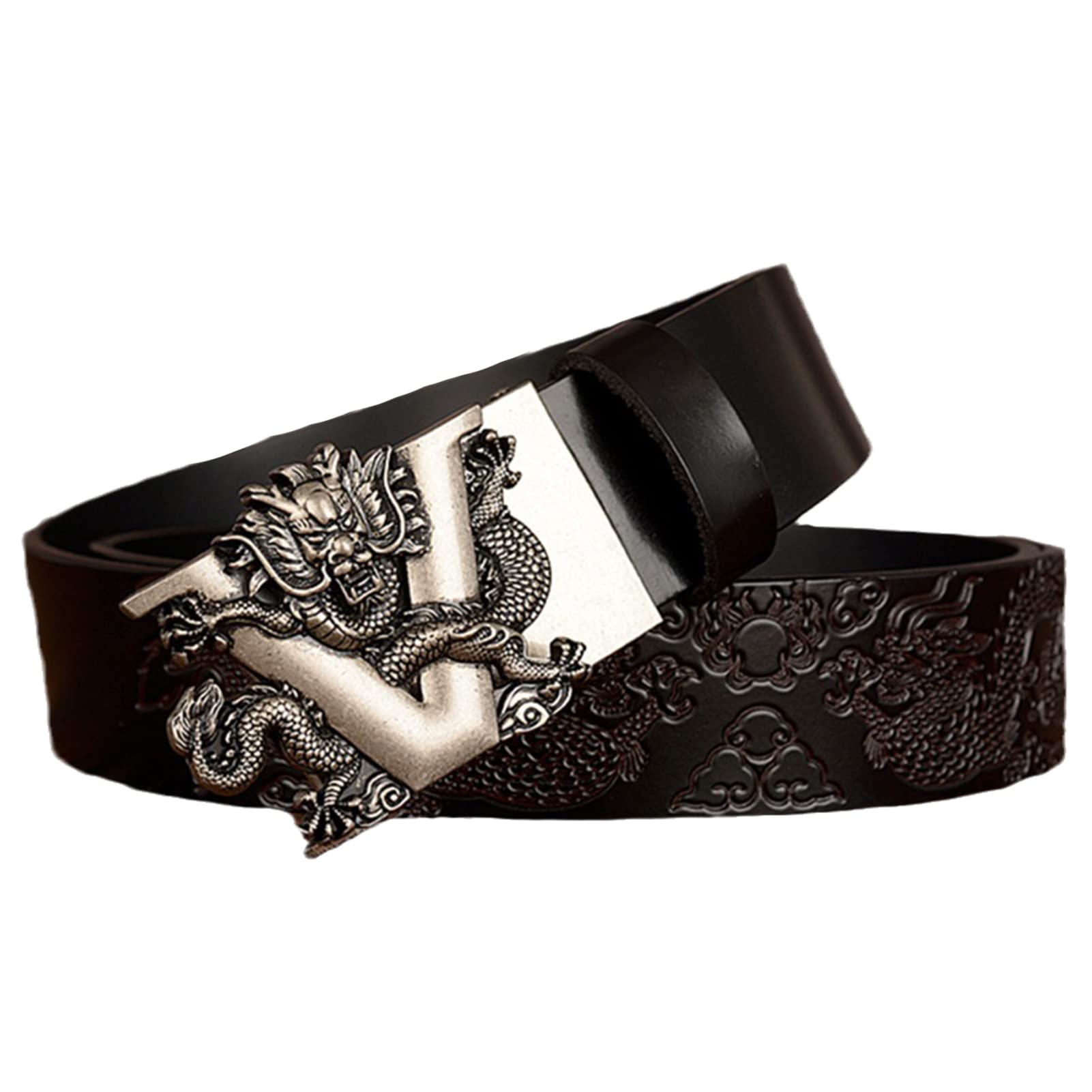 Vestido para hombre Jeans Cinturón Trinquete Automático Dragón deslizante Hebilla plateada Cuero en relieve Correas de cintura negras 1 3/8 "(35 mm)