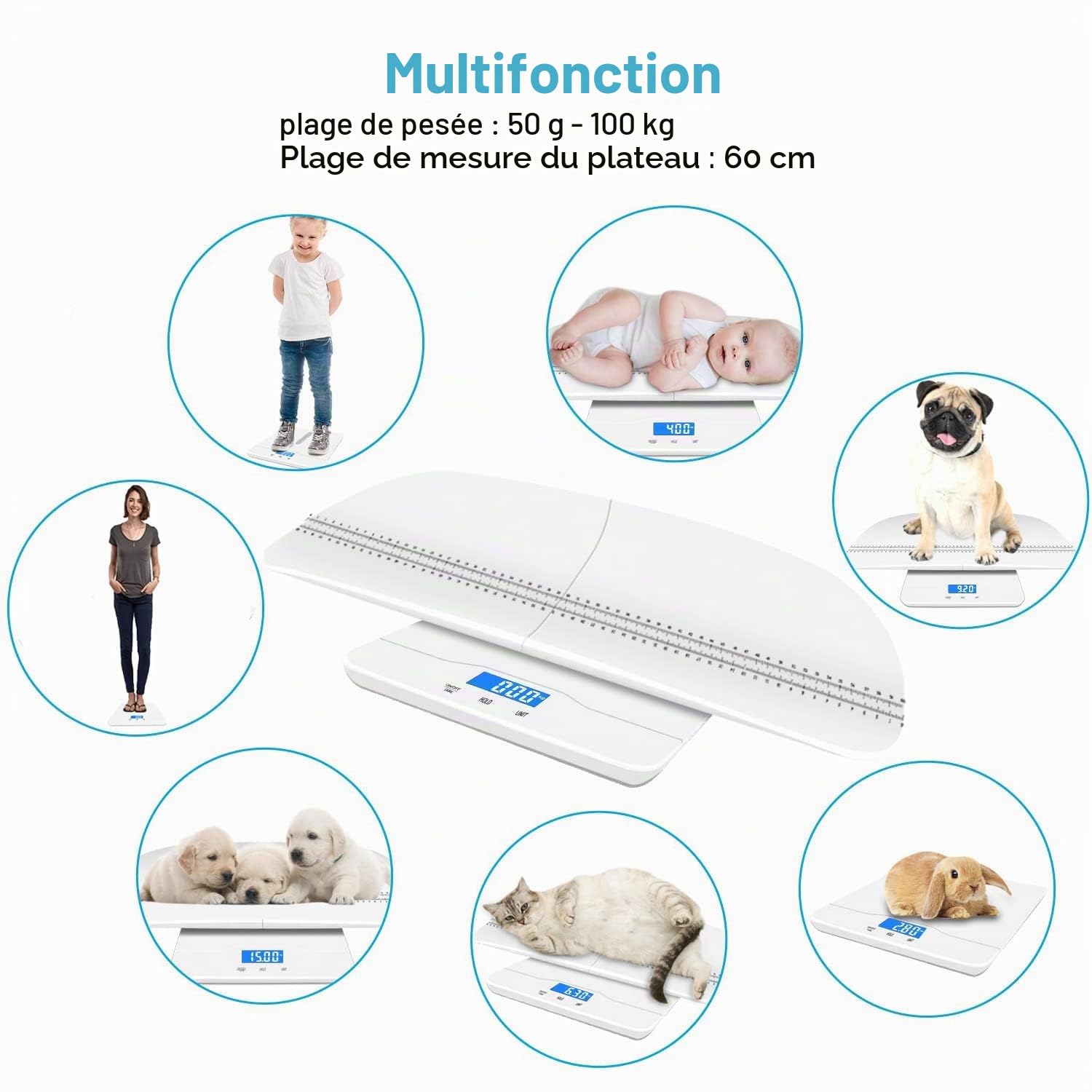 Pèse-animal, pèse-bébé, pèse-personne électronique multifonctionnel adapté aux adultes et aux petits animaux tels que les bébés, les chatons et les chiots, stable (Blanc)