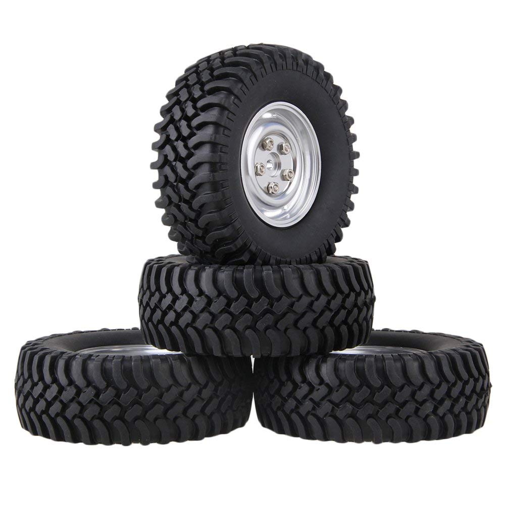 KEEDA 100mm 1.9 inch Aluminium Alloy Wheels and Rubber Tires for 1/10 Scale RC Rock Crawler Car Axial SCX10 RC4WD D90 (Silver)