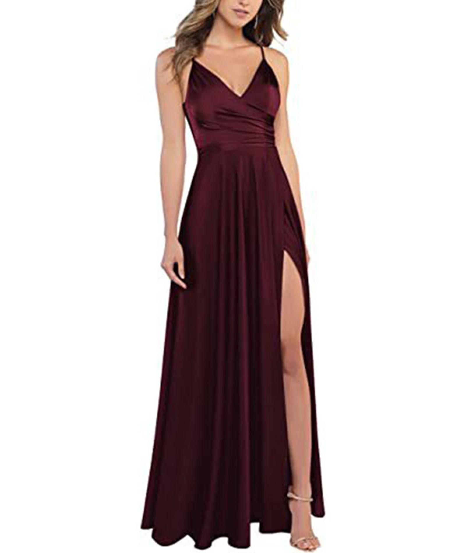 xxxiticat Damen V-Ausschnitt Spaghettiträger Satin Brautjungfernkleider Formeller A-Linie Abschlussball Abendkleider mit Schlitz