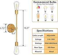 Vista 2 de FadimiKoo Lámparas de pared doradas de 2 luces, lámparas de tocador de baño sobre el espejo, iluminación moderna de latón cepillado para interiores