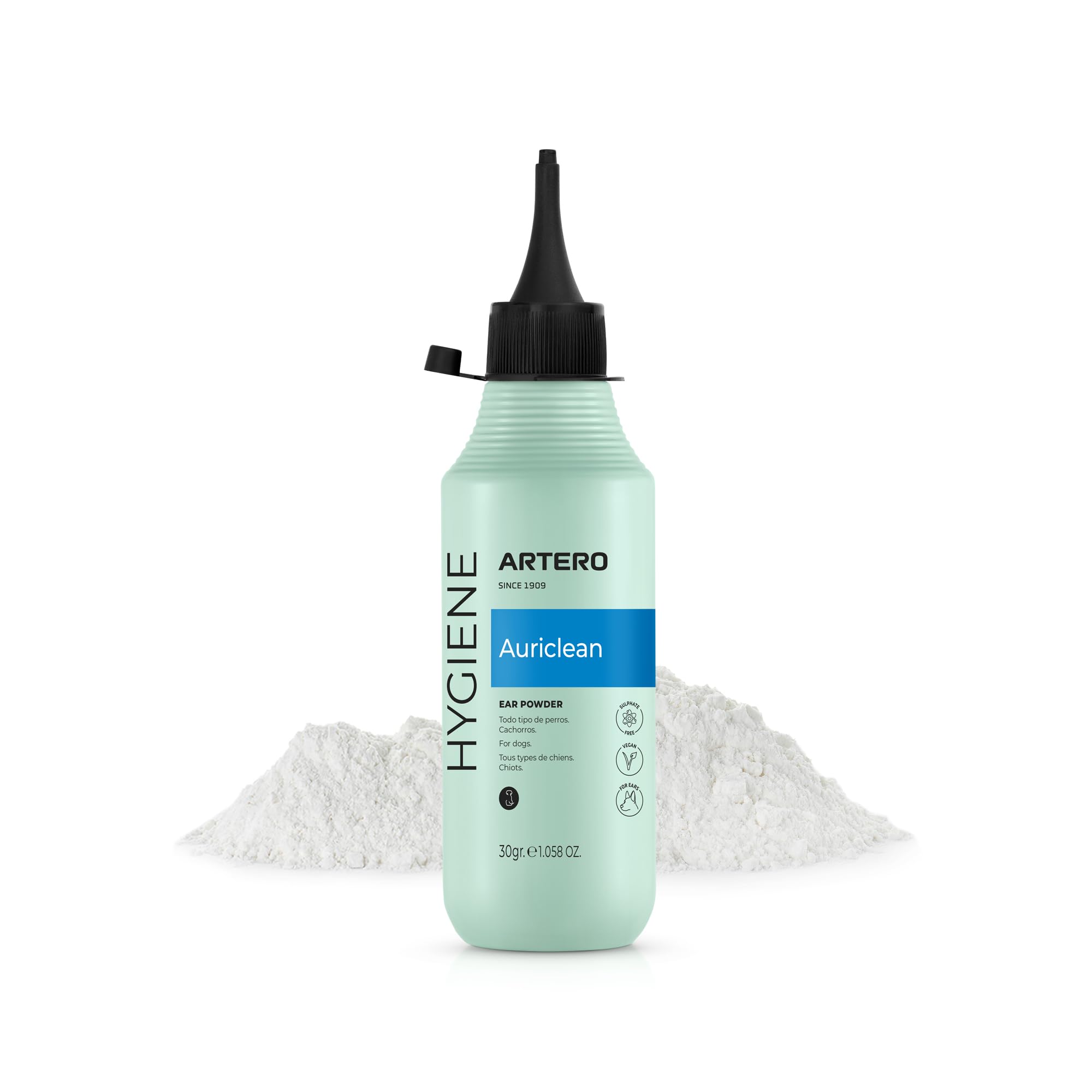 Artero Auriclean. Polvos Antisépticos Para Depilar los Oídos de perros. Seca los pelitos del conducto auditivo en perros para poder depilarlos sin dolor y eliminar el mal olor.