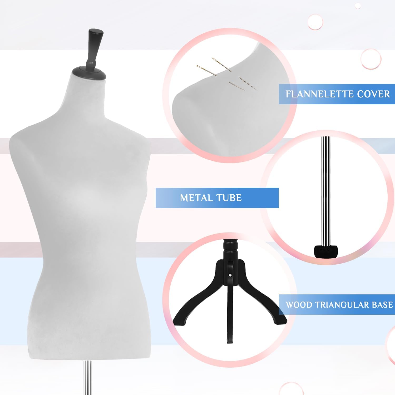 Female Mannequin Body,60-67 inch Dress Form Sewing Mannequin Torso Manikin with Wooden Tripod Base Stand Adjustable Mannequin for Sewing Clothes Display (White)